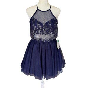 Social Code navy and silver sparkle halter illusion dress lined size 0